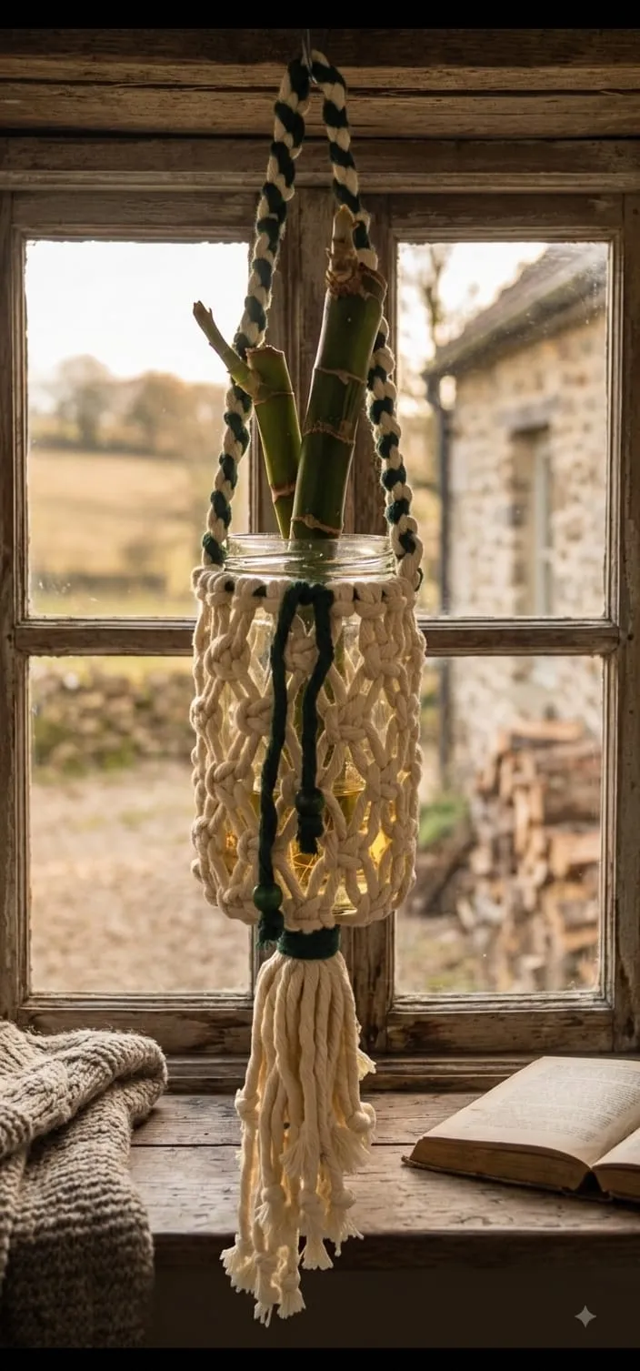 Frasco de vidrio vestido con macramé con planta