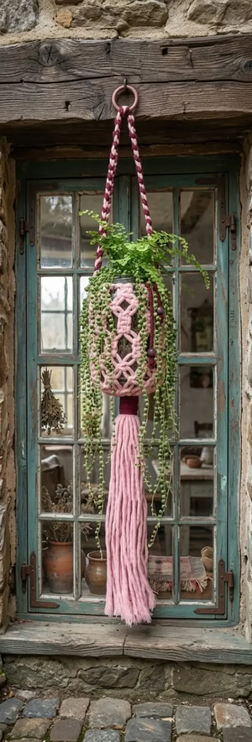 Frasco vestido con macramé colgante para plantas