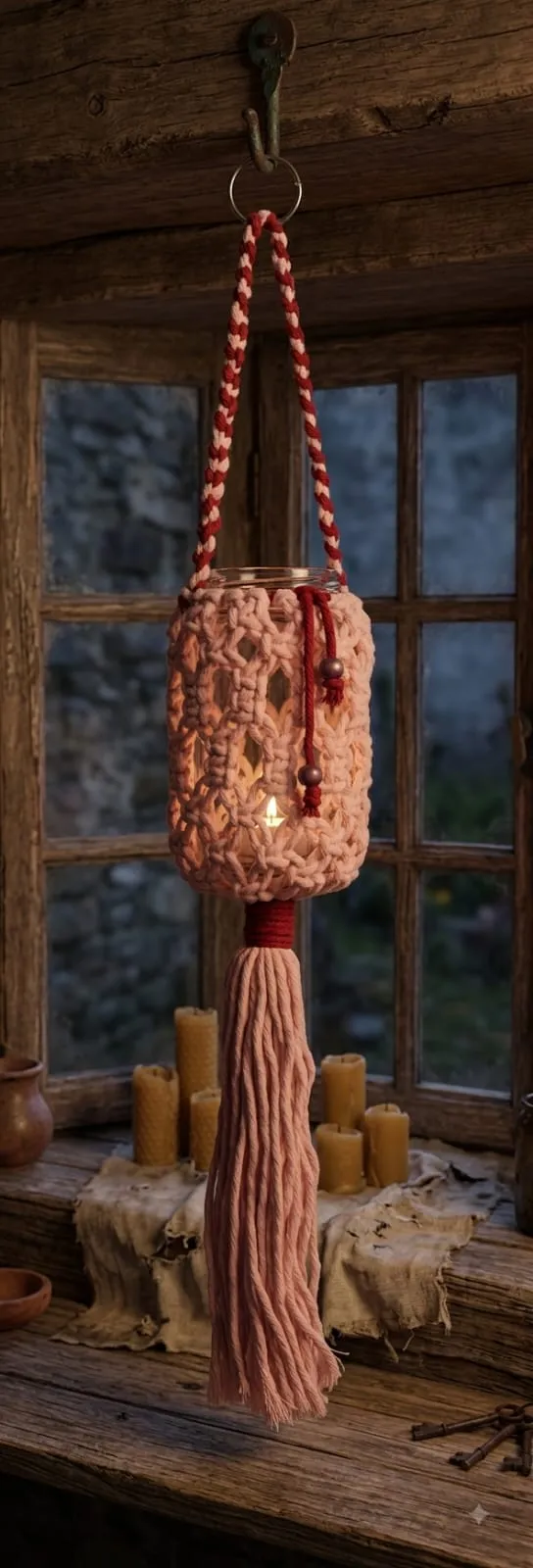 Frasco vestido con macramé usado como portavelas
