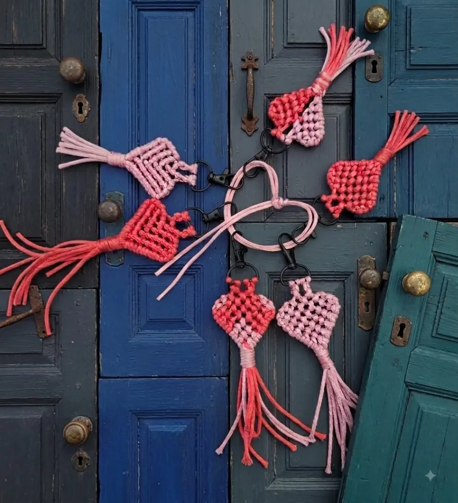 Llaveros de macramé con forma de corazón