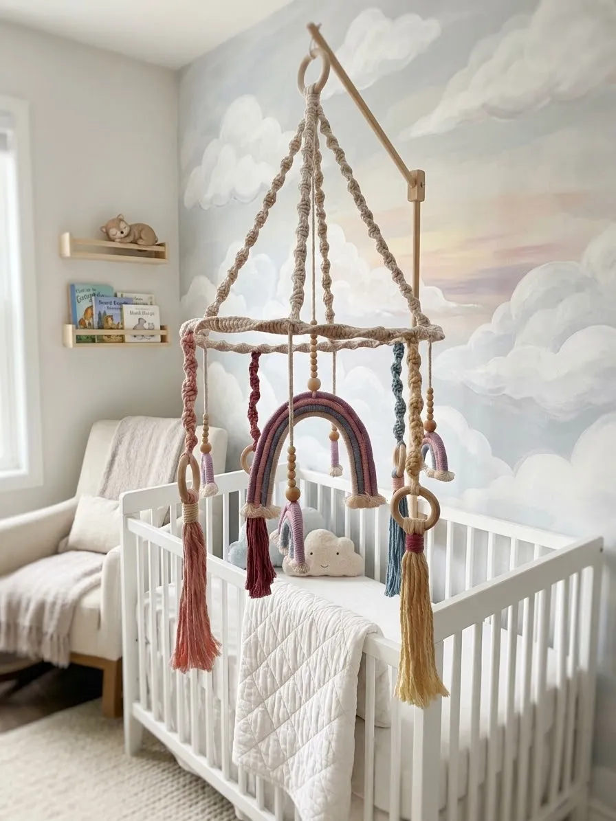 Móvil para cuna de macramé con arcoíris