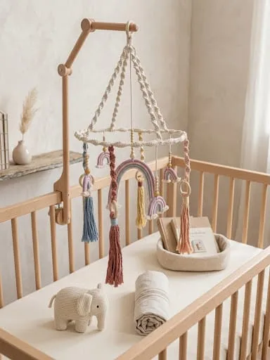 Móvil de macramé con arcoíris en colores pastel