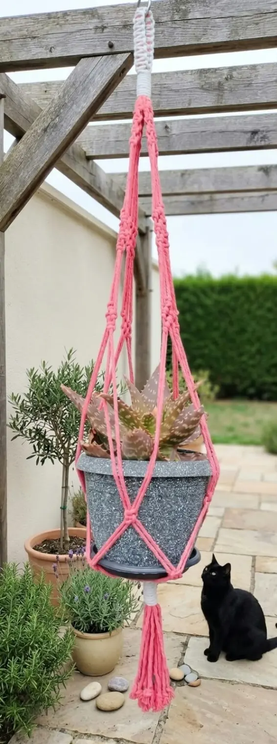 Porta macetas de macramé tejido en hilo rosado