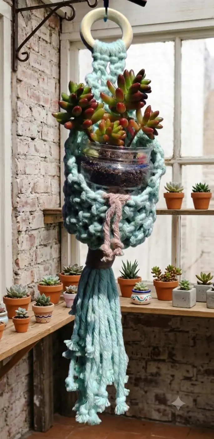 Porta macetas de macramé en color turquesa