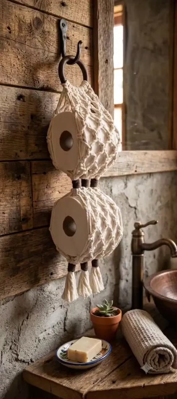Video de un porta rollos de papel higiénico de macramé colgado
