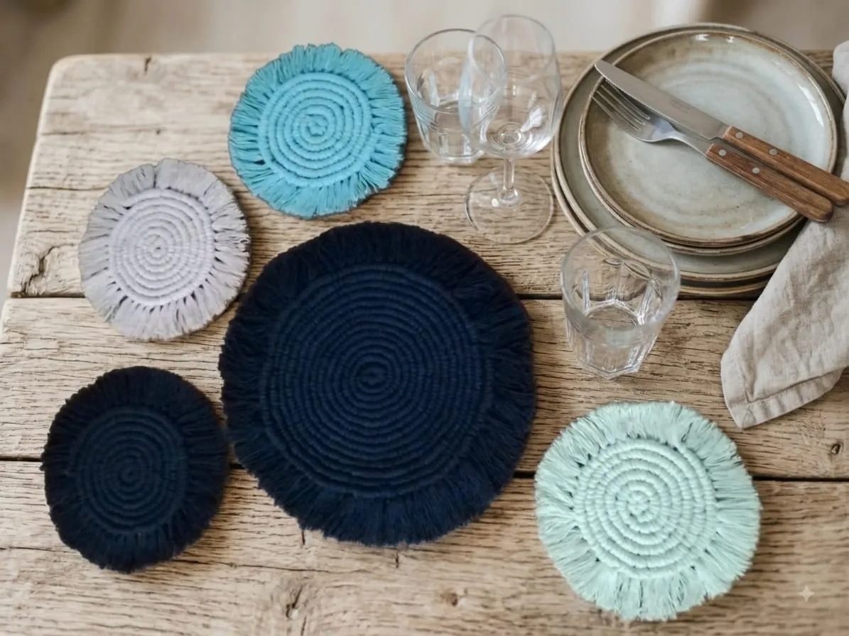 Posavasos y posa fuentes de macramé sobre la mesa